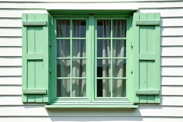 Fototapeta premium Mint Green Shutters on White House Exterior with Divided Window
