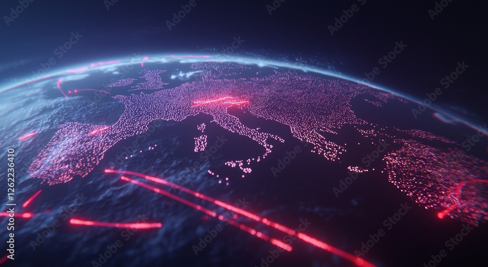 Poster a 3d rendering of a globe network hologram featuring a map of europe