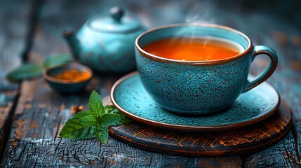 A cup of tea and a teapot with tea on a wooden 