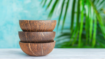 Naklejka premium Eco friendly coconut bowls stacked on wooden table, showcasing rich brown textures against tropical background. Perfect for sustainable dining and decor