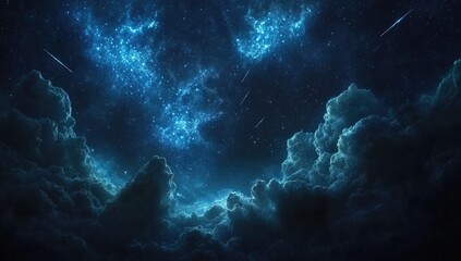 Obraz premium A sky filled with meteors, featuring blue and cyan tones in an anime-inspired style