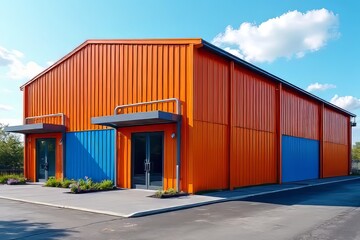 Obraz premium Modern Orange and Blue Industrial Building Facade with Canopies