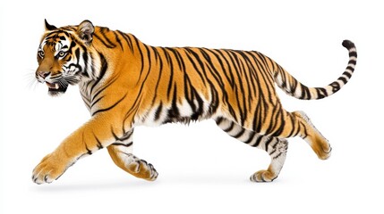 Majestic Tiger in Dynamic Motion Against a White Background