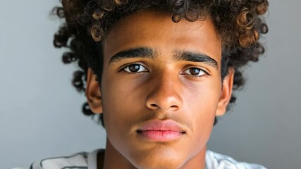 Young man with curly hair and a white and black striped shirt. He is looking at the camera with a serious expression