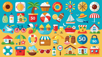 Fototapeta premium A vibrant, summer-themed illustration bursting with colorful icons of tropical fruits, beach accessories, and outdoor activities, perfectly embodying the joyful spirit of sunny vacations and seaside f