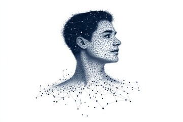 Artistic black and white human portrait with dissolving dots and orange highlights, symbolizing data, humanity, and the intersection of technology and individuality in digital visuals