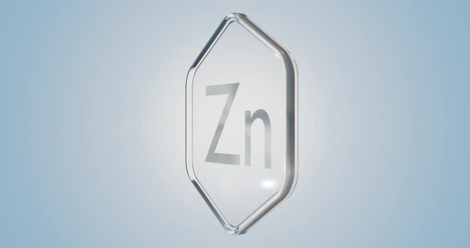 zinc mineral symbol - zn on looped rotating glass hexagon, 3d rendering, scientific-medical background