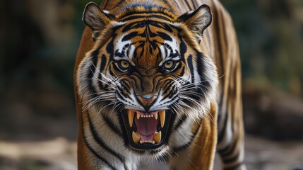 Fototapeta premium Fierce Tiger Staring with Intense Gaze in Jungle Environment