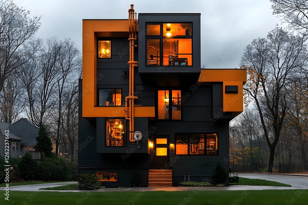 Poster sophisticated suburban home with an intricate hidden piping network exposing the unseen utility syst
