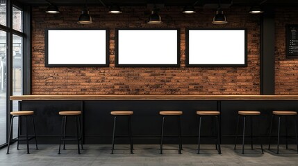 Modern cafe interior with empty frames on brick wall and wooden bar seating.