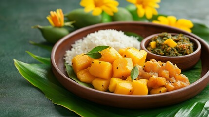 Colorful plate with mango dish, rice, and greens on a tropical table setting