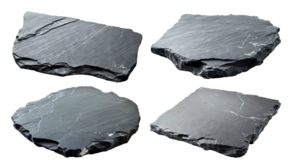Set of natural black slate stones with rough edges, isolated on transparent cutout background