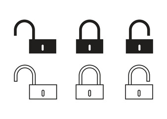 Lock icon set. Safety and security privacy computer key cyber sign symbol. Locked and unlocked black line. Confidential password save secret. Private web buttons collection. Protection encryption 