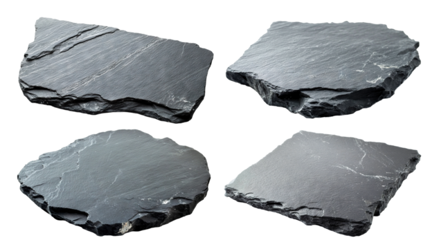 Set of natural black slate stones with rough edges, isolated on transparent cutout background