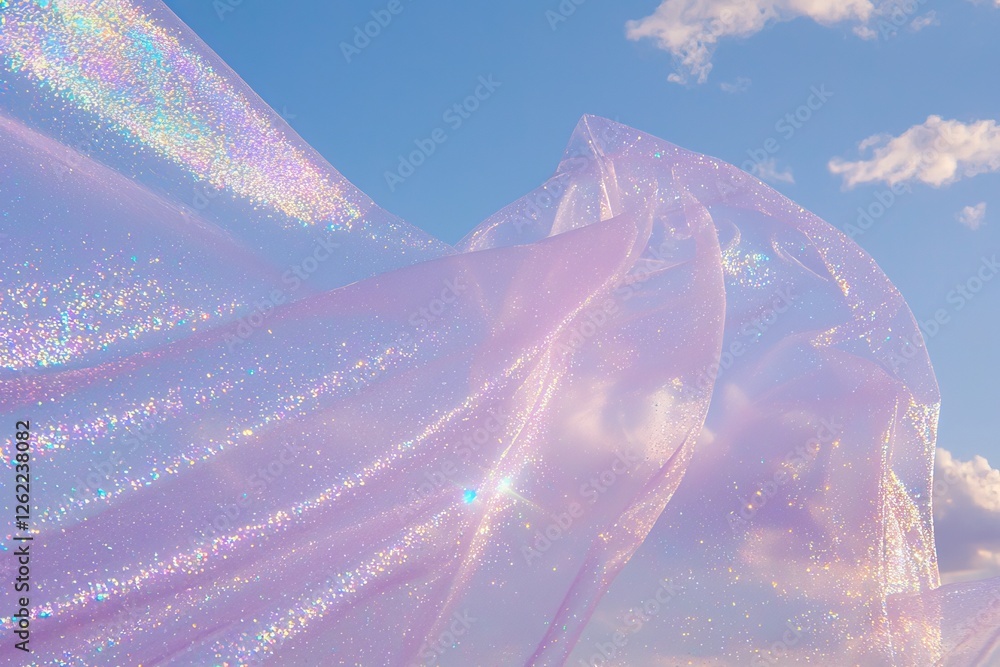 Poster the background features an iridescent neon effect, accompanied by a holographic abstract design with