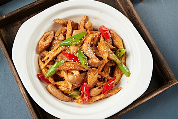 Stir-fried pork intestines with pepper, garlic sprouts and bean curd sauce