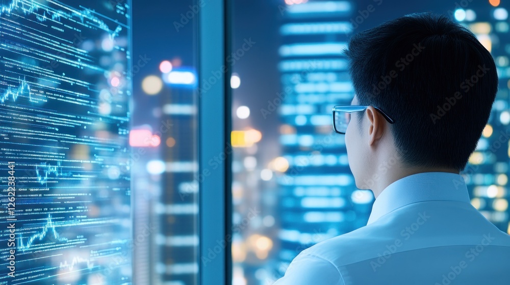 Poster professional analyzing urban data through window
