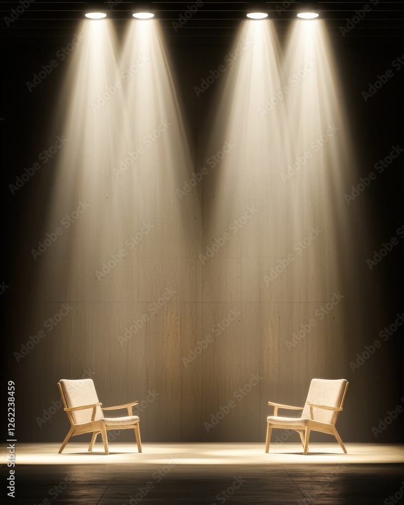 Poster two empty chairs illuminated by soft spotlight beams, creating a dramatic and inviting atmosphere fo