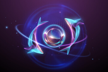 Neon light sphere with whales and effects