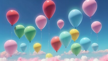 Colorful balloons floating against a dreamy blue sky with soft pink clouds. A festive and cheerful atmosphere, perfect for celebrations, birthdays, and joyful moments. Vibrant and uplifting scene