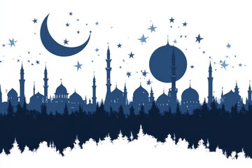 Blue Islamic cityscape silhouette featuring domes, crescents, and minarets under a starry night sky for an elegant cultural and architectural scene