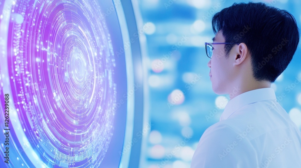 Poster contemplation in front of circular digital interface