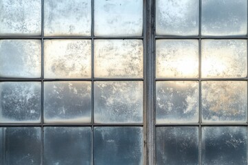 Frosted window panes divided by weathered wooden frame structure