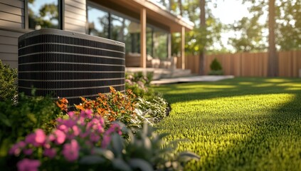 Modern Air Conditioning Unit in a Lush Backyard