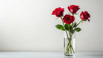 Naklejka premium A simple arrangement of four deep red roses in a clear glass vase on a white surface against a neutral background