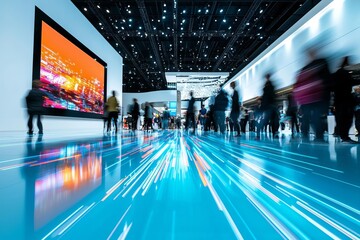 A vibrant event space filled with moving people and colorful displays.