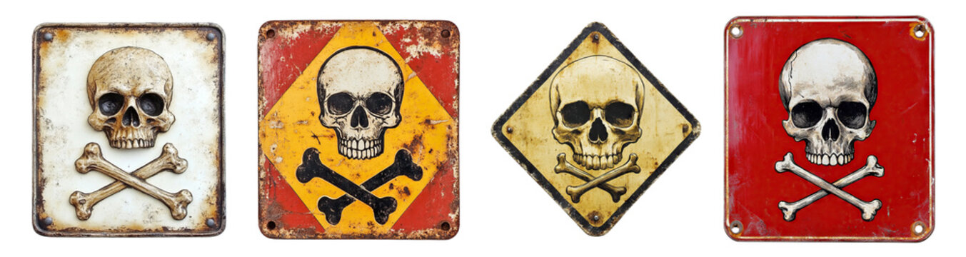 Set of danger signs with skulls and crossbones, isolated on transparent cutout background