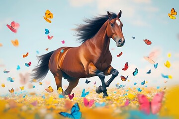 A lively brown horse bursting with energy, moving swiftly through a pasture dotted with multicolored butterflies, reflecting the vibrancy and exuberance of nature's beauty.