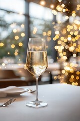 Elegant Sparkling Wine Glass with Bokeh Lights in Background