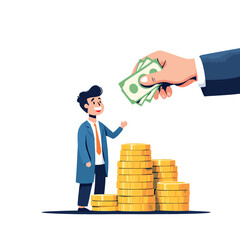 Vsai happy businessman receiving banknotes and golden coins for investment and savings growth