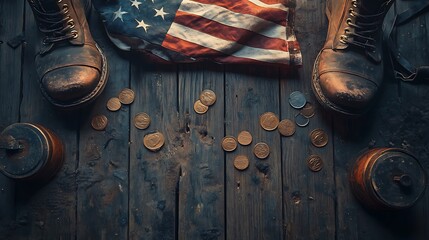A military tribute scene, an aged wooden floor with a gently folded American flag, scattered war medals and a pair of combat boots nearby, warm nostalgic glow, ultra-HD textures,