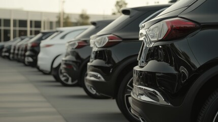 New cars parked at dealership lot, sunset