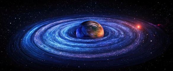 Earth engulfed by cosmic swirl; distant star, space wallpaper