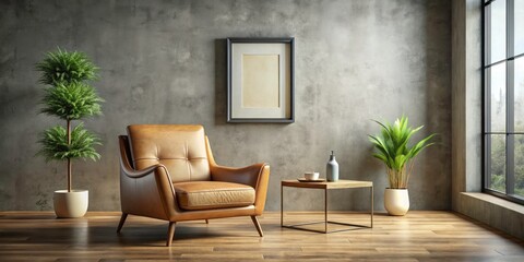 Fototapeta premium Modern Minimalist Living Room: Beige Leather Chair, Side Table, Empty Frame, Textured Wall