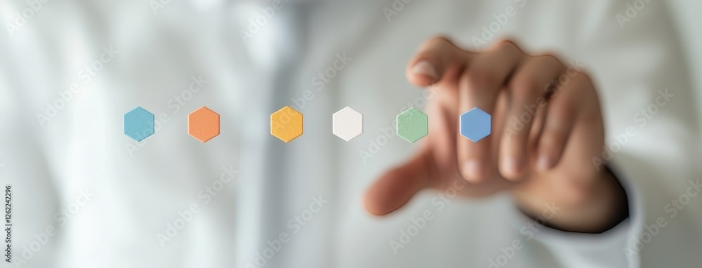 Poster the concept of office business work is represented by a hand touching a screen with colorful icons, 