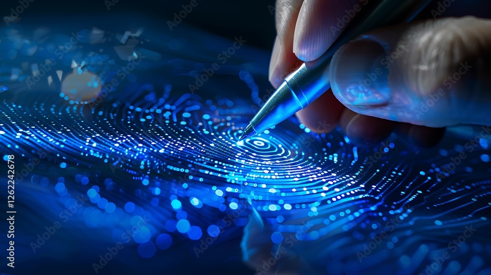 Poster hand uses a stylus on a digital screen showing a glowing fingerprint representing cybersecurity and 