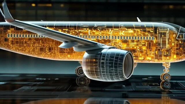 Aviation Tech Marvel: A visionary concept showcases the inner workings of an aircraft, illuminating the intricate network of circuits, components, and systems that power flight.