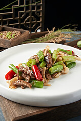Stir-fried beef tenderloin with pepper, seafood and mushroom
