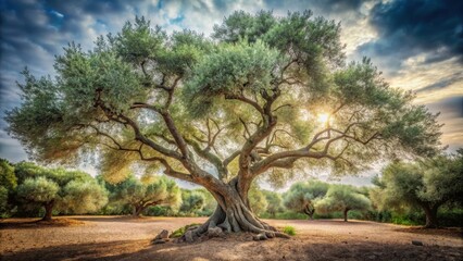 Majestic ancient tree bathed in golden sunlight, surrounded by a grove of younger trees, under a dramatic sky