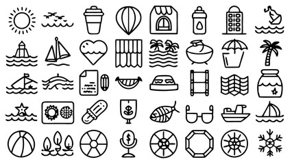 a dynamic blend of 40 summer-inspired designs, showcasing playful elements like sailboats, beach balls, palm trees, and nautical symbols, ideal for adding a lively touch to seaside-themed projects