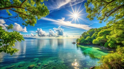 Naklejka premium Serene Coastal Cove with Sunlit Waters and Lush Greenery under a Bright Summer Sky