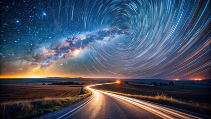 Night Road Journey Under a Celestial Swirl of Stars and Milky Way Galaxy