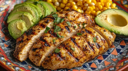 Grilled chicken served with corn and avocado on a decorative plate.