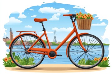 Fototapeta premium Bright orange bicycle with basket of flowers on rural path under clear blue sky, featuring vibrant colors, cheerful mood, and tranquil countryside ambiance for premium vector