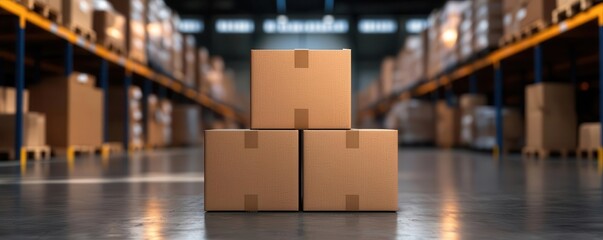 A warehouse packed with goods ready for shipment, with digital overlays showing realtime ecommerce orders and inventory tracking