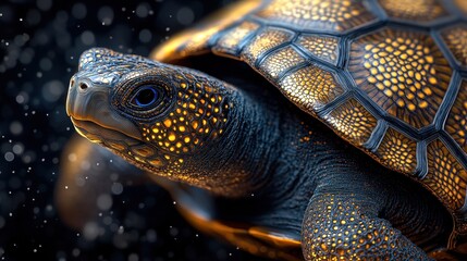 Obraz premium A close-up of a colorful turtle with intricate shell patterns against a dark backdrop.